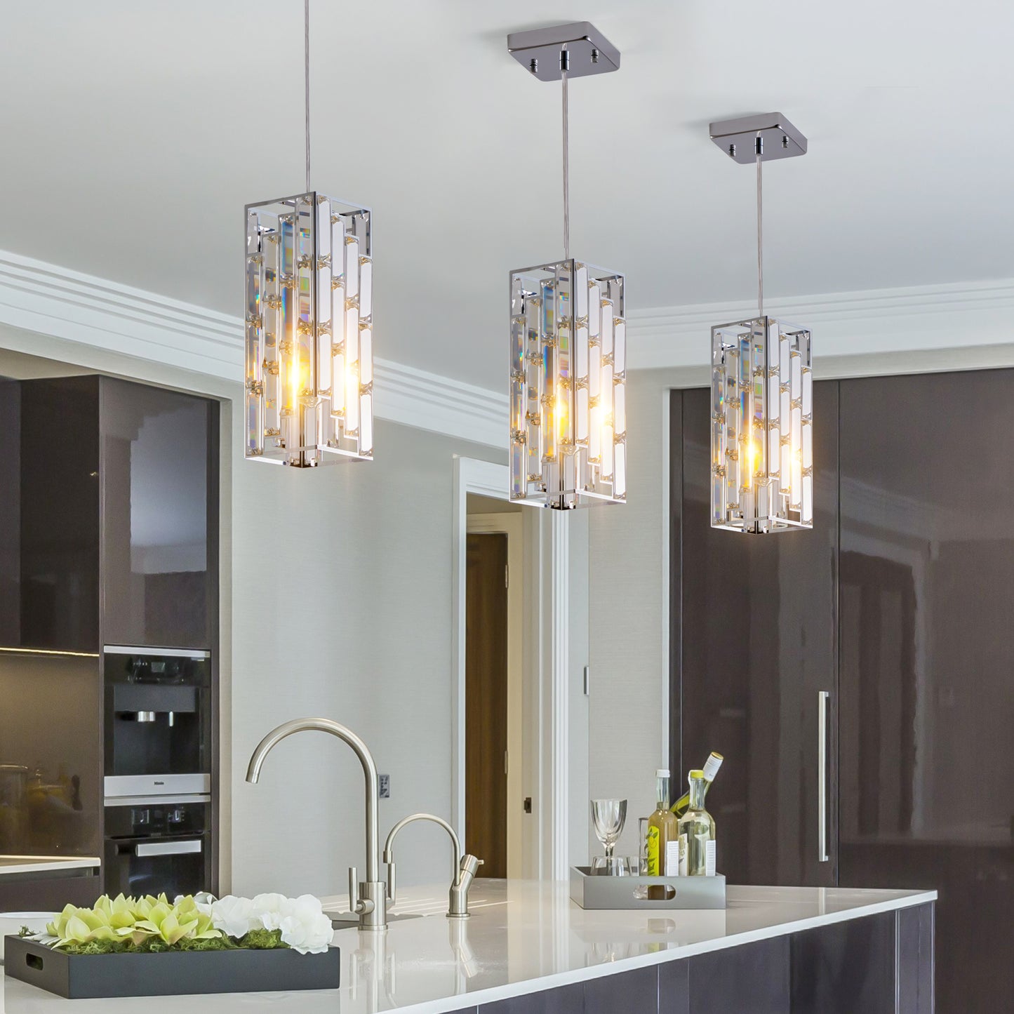 Crystal pendant lights 3-pack adjustable dining kitchen island staggered