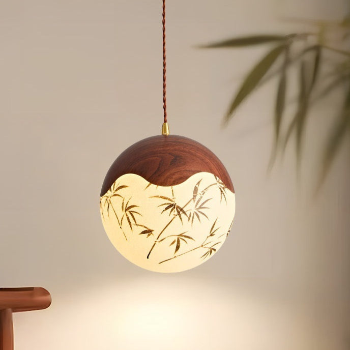 Mid Century Modern Round Ball Pendant Light In Walnut