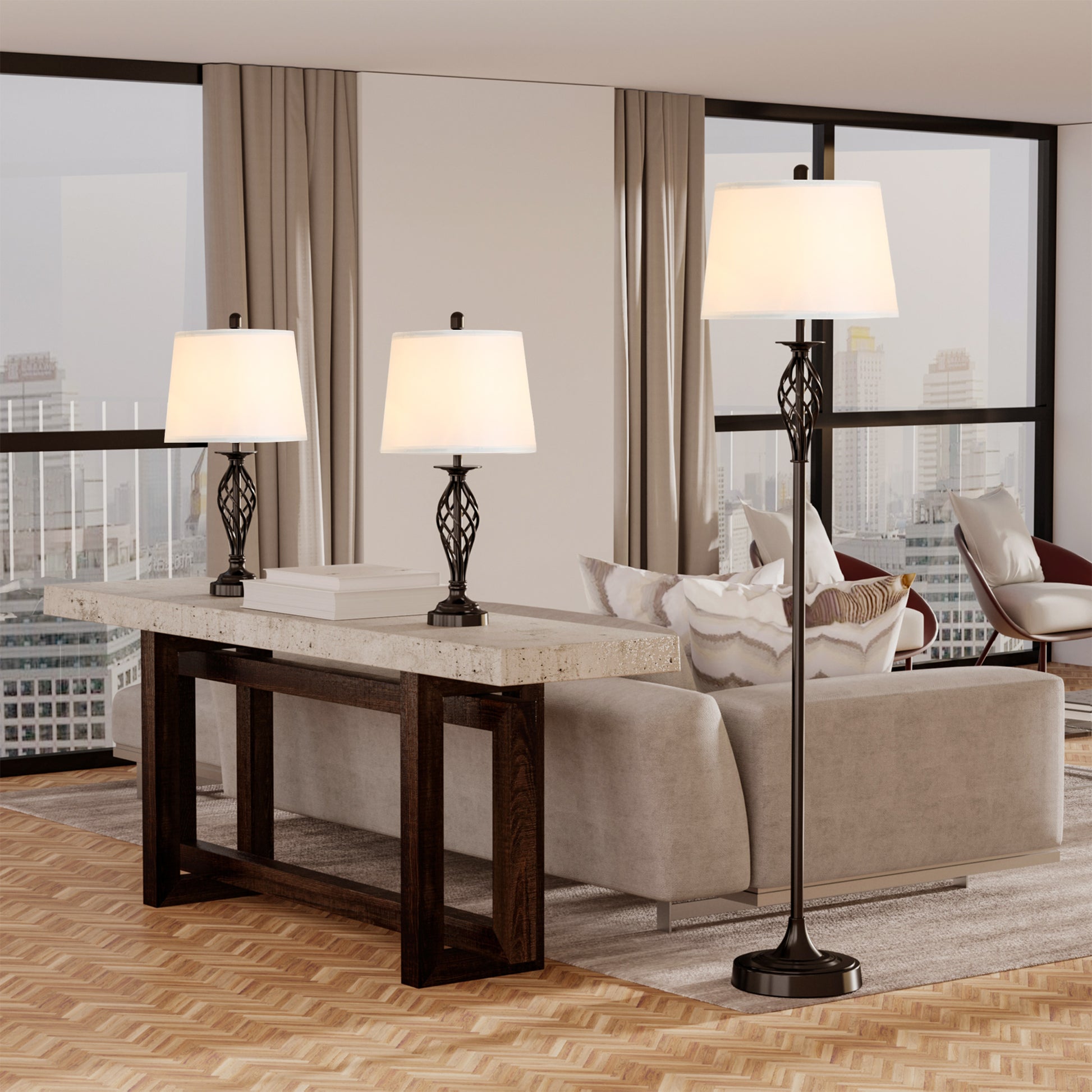 3 Piece Table Floor Lamp Set Metal Pole