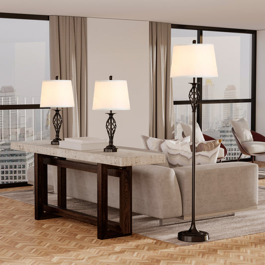 3 Piece Table Floor Lamp Set Metal Pole