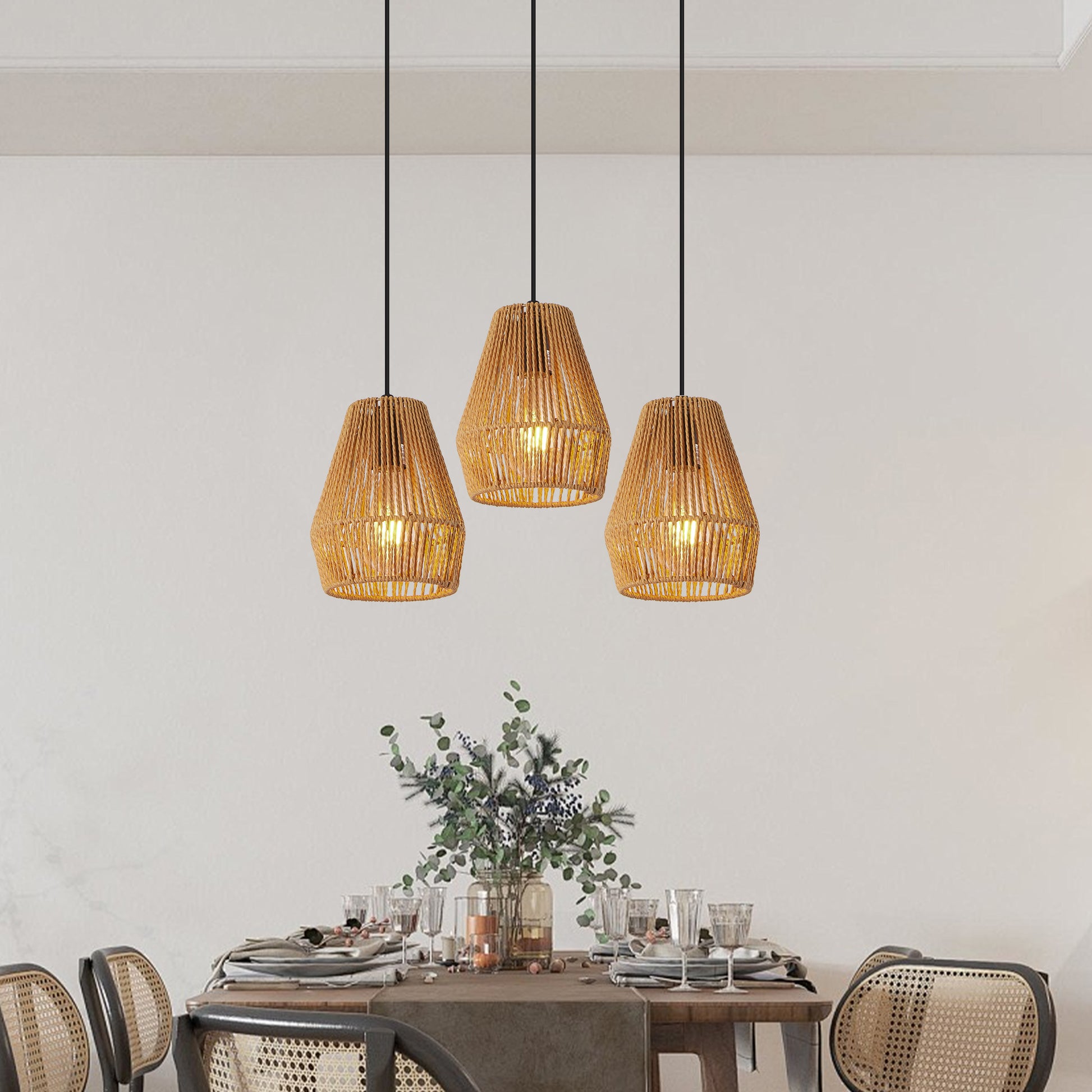 7inch Set Of 3 Rustic Hemp Rope Pendant Light